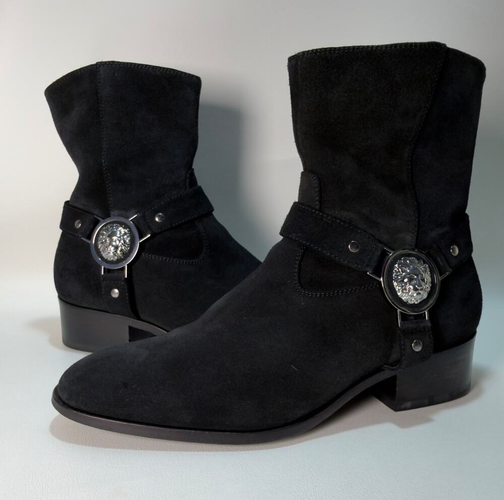 Versace Black Suede Lion Medallion Harness Zip Boots Size EU 41 US 8 Italy